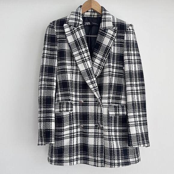 Zara Tweed Jacket Womens Small Double Breasted Blazer Equestrian Quiet Luxury - Picture 2 of 13